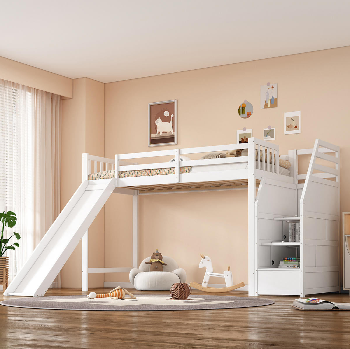 HOCHBETT 90/200 cm, Weiß mit Rutsche und Ablageleiter, ohne Matratze - Weiß, Holz (90/200cm) - MIVRAY
