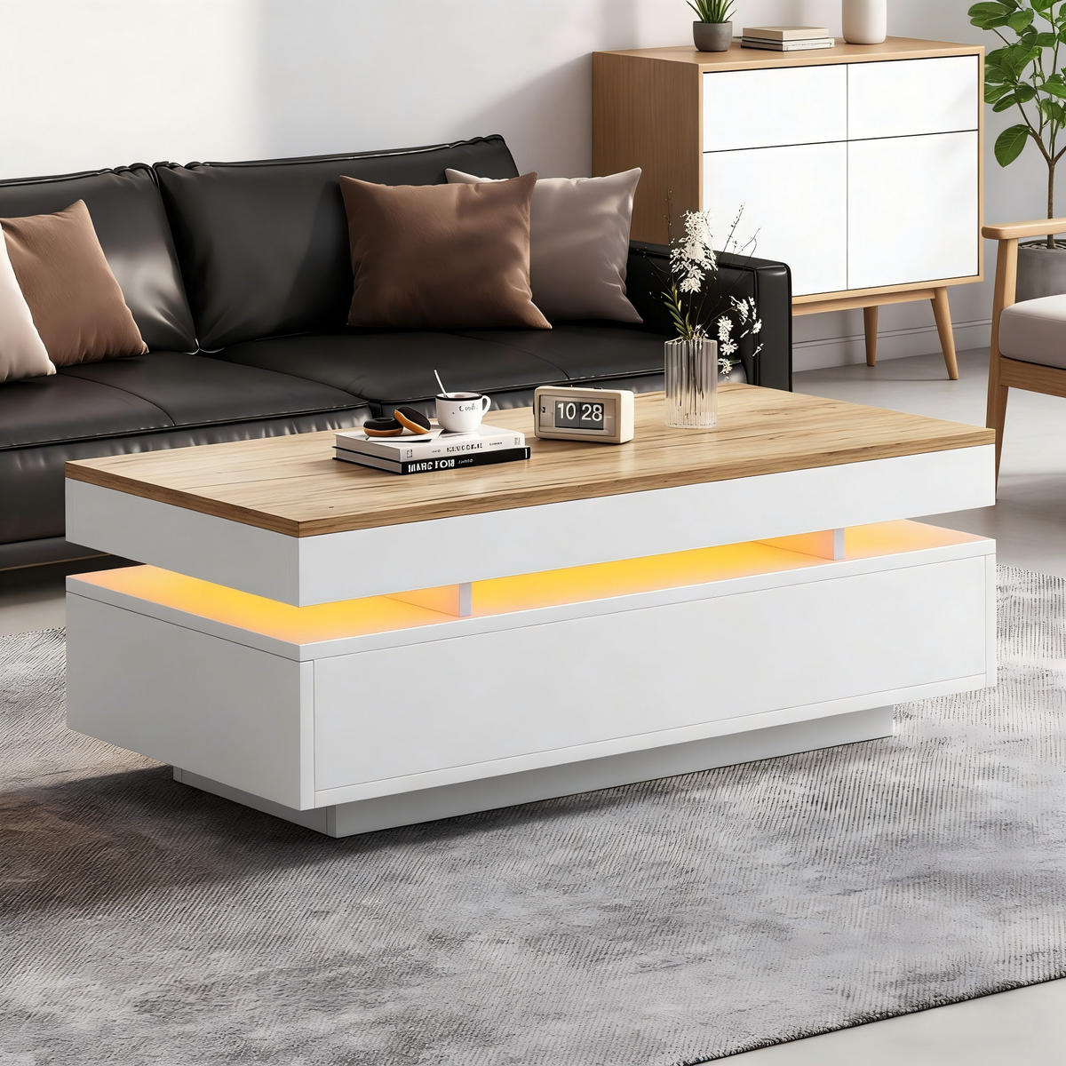 COUCHTISCH mit 2 Schubladen Spanplatte 30kg Tragkraft leise Schienen Ambientebeleuchtung modern - Weiß/Naturfarben, Holzwerkstoff/Metall (100/50/35cm) - EVRYAE