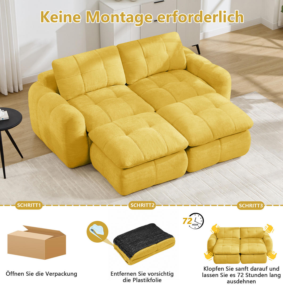 SOFA 194/160/68 cm in Gelb aus Chenille, frei kombinierbar - Gelb, Textil (160/68/194cm) - Flora Grace