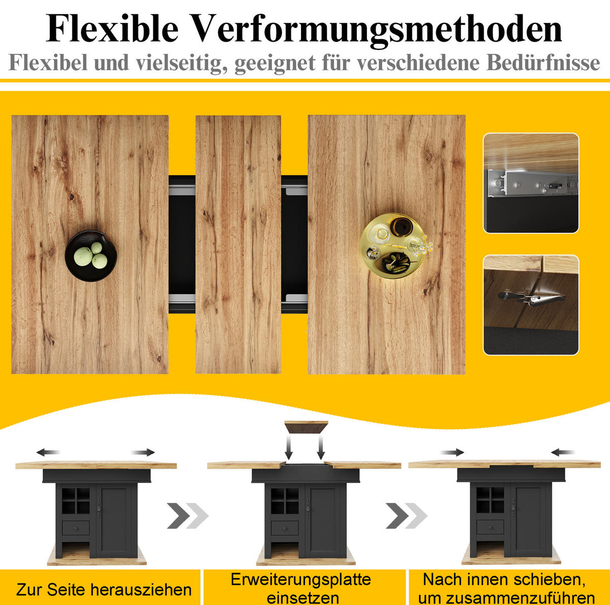 ESSTISCH aus MDF 110-140x80x75 cm Schwarz/Natur ausziehbar mit höhenverstellbaren Regalen und Soft-Close-Türen - Schwarz, Holzwerkstoff (140/80/75cm) - Modfu