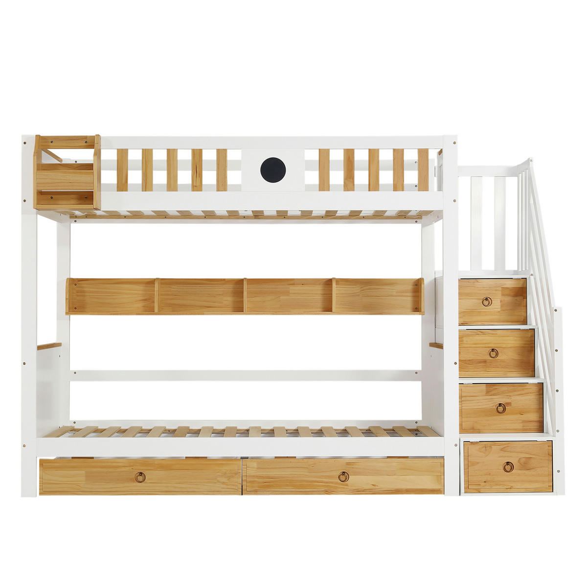 ETAGENBETT 90/200 cm in Weiß/Natur mit Stauraumtreppe und 2 Schubladen - Weiß, Holzwerkstoff (90/200cm) - Flora Grace