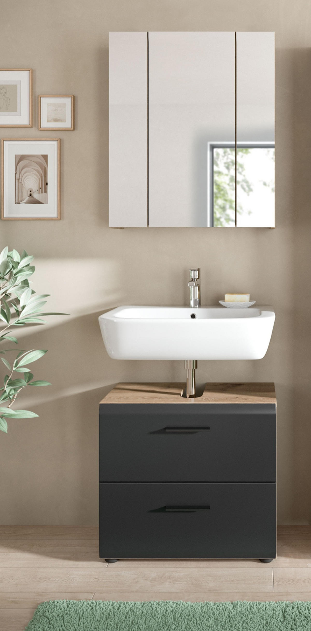 BADMÖBEL-SET 2-teilig schwarz matt und Eiche, Badezimmer mit Spiegelschrank, Vollauszug, Breite 60 cm - Eichefarben/Schwarz, Glas/Holzwerkstoff (60/185/30cm) - Inn.Furn