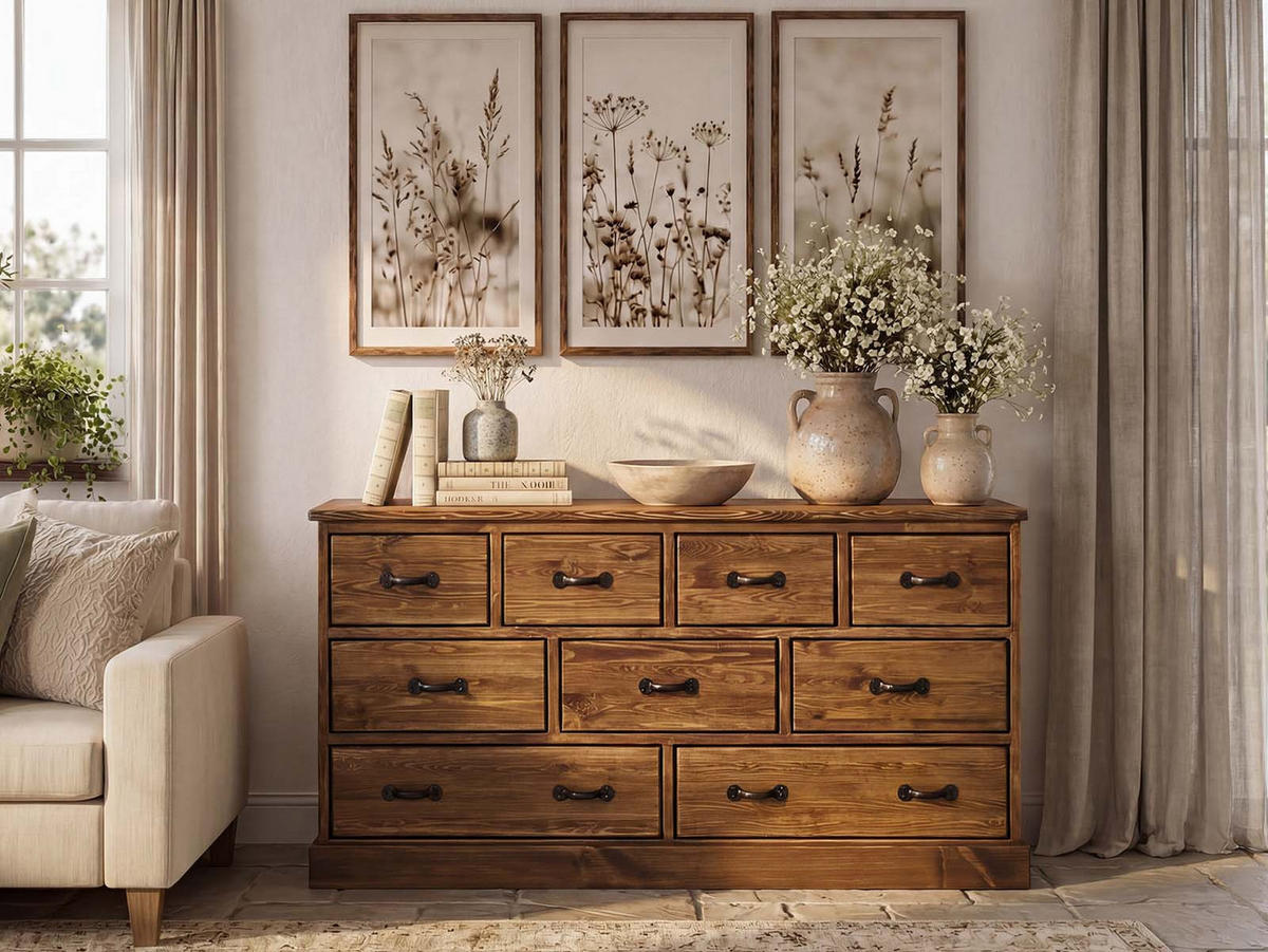 KOMODA z masivního dřeva Rustyk 3/9 - tmavě hnědá/černá, dřevo (152/80/45cm) - Seart