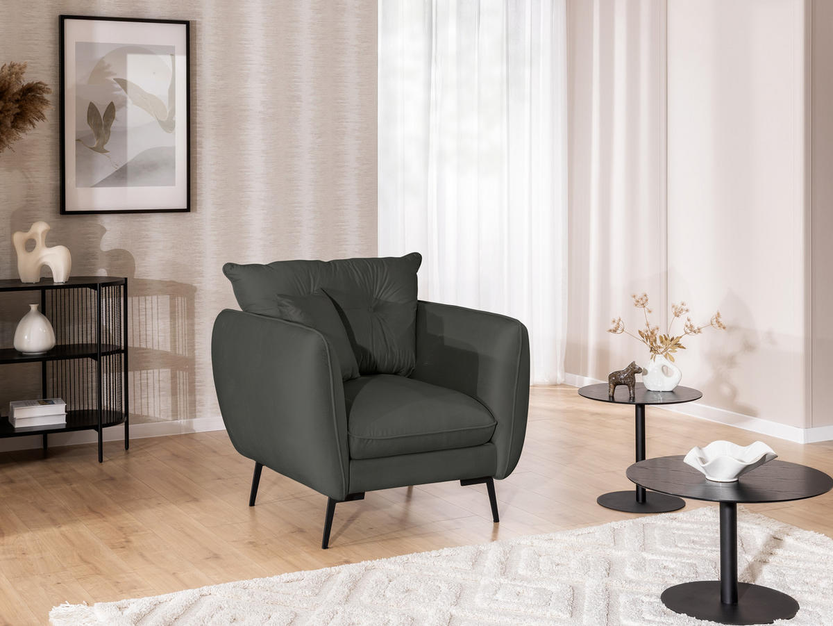 SITZGARNITUR 3+1 Nordloft Dunkelgrau Samt - Dunkelgrau/Schwarz, Holz/Textil (163/86/59cm) - S-Style Möbel