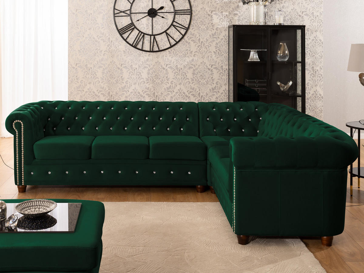 ECKSOFA Chesterfield Cleo Blink Flasche Grün Samt mit Kristallsteppung und braunen Massivholzfüßen - Ottomane Rechts - Braun/Grün, Holz/Textil (264/210cm) - S-Style Möbel
