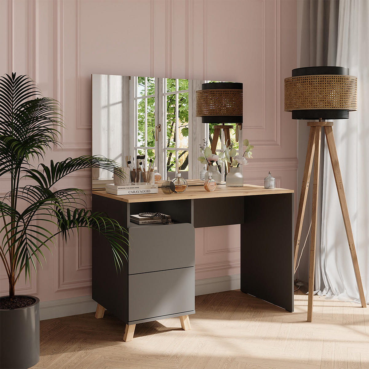 SCHMINKTISCH Karen Anthrazit/Artisan 110 cm mit Spiegel - Anthrazit/Eiche Artisan, Holzwerkstoff (110/75/55cm) - Vicco