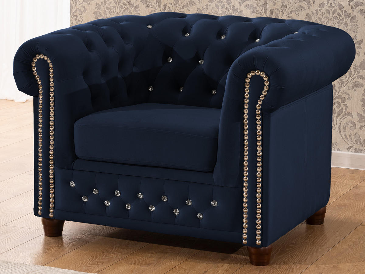 CHESTERFIELD-SESSEL Cleo Blink Marineblau Samt mit Kristallsteppung und braunen Massivholzfüßen - Blau/Beige, Holz/Textil (104/72/86cm) - S-Style Möbel