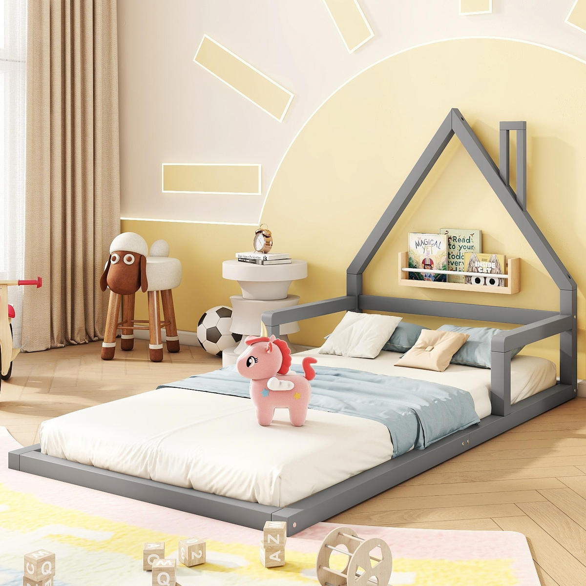 KINDERBETT aus massivem Kiefernholz und MDF 90x200 cm Grau in Hausform, pflegeleicht und stabil - Grau, Holzwerkstoff (90/200cm) - Modfu