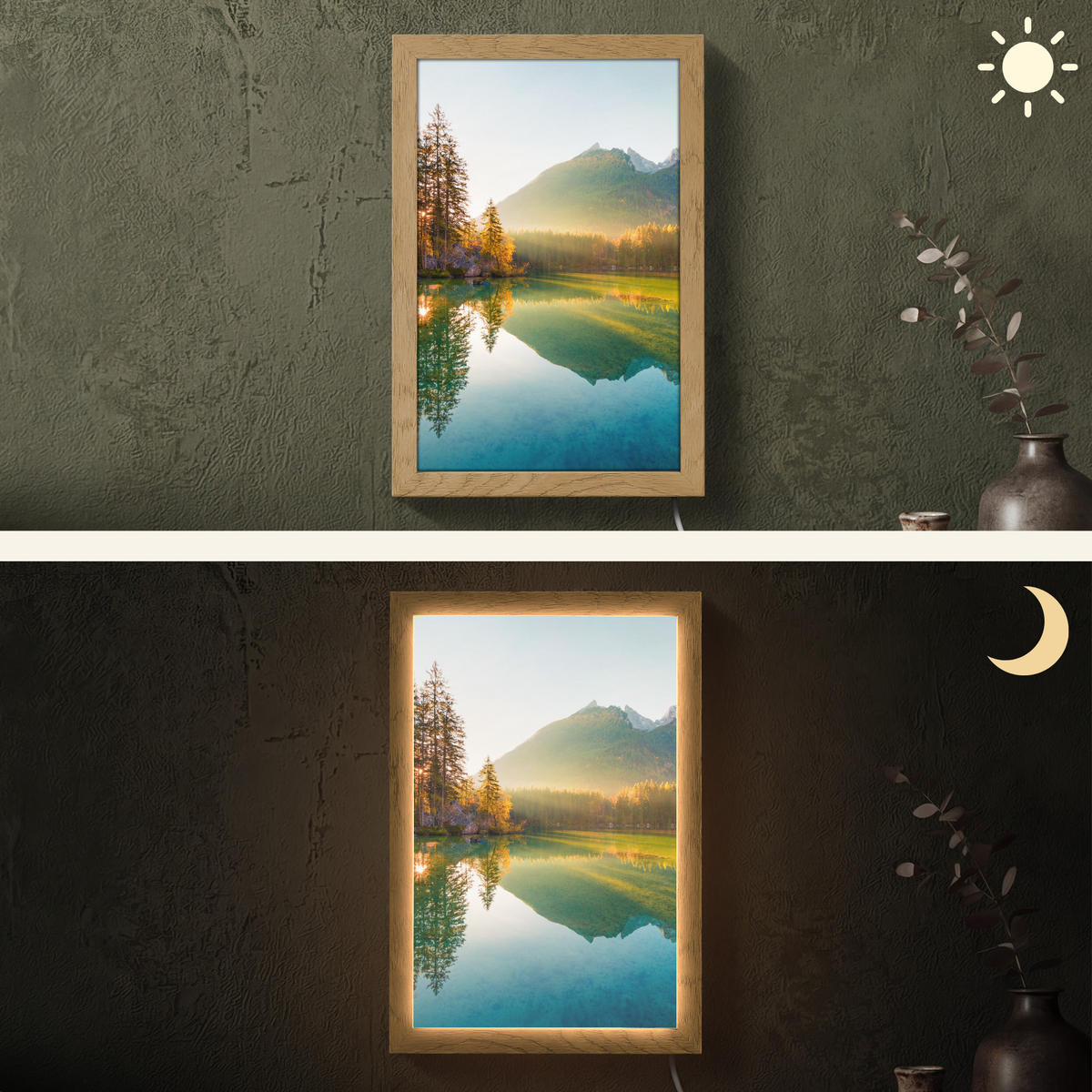 WANDLEUCHTE See - Wald - Berge - Natur - Sonne - Landschaft 20x30 cm - Grün, Holzwerkstoff (20/30/8cm) - OnlyWow