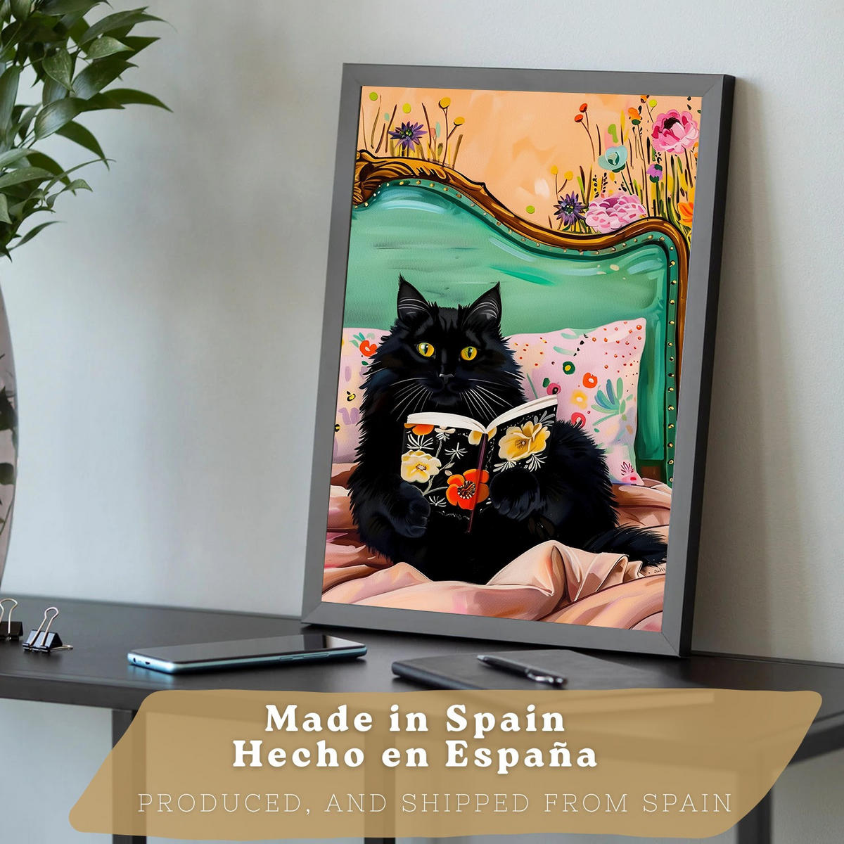 PLAKAT Sada tří dekorativních tisků nápadných koček. Fotografie moderního obývacího pokoje se zvířaty. Dekorace Koupelny Kuchyně A3 Černý rám - černá, papír (29.7/42/3cm) - Nacnic