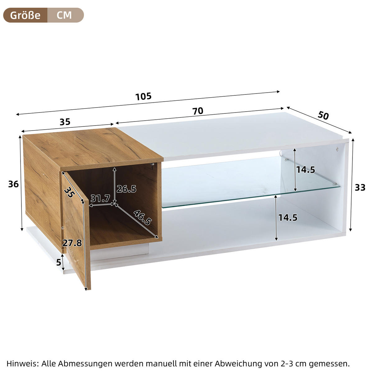 COUCHTISCH 105/50/36 cm in Weiß/Eicheoptik mit LED-Beleuchtung und Stauraum - Weiß, Holzwerkstoff (105/50/36cm) - Flora Grace