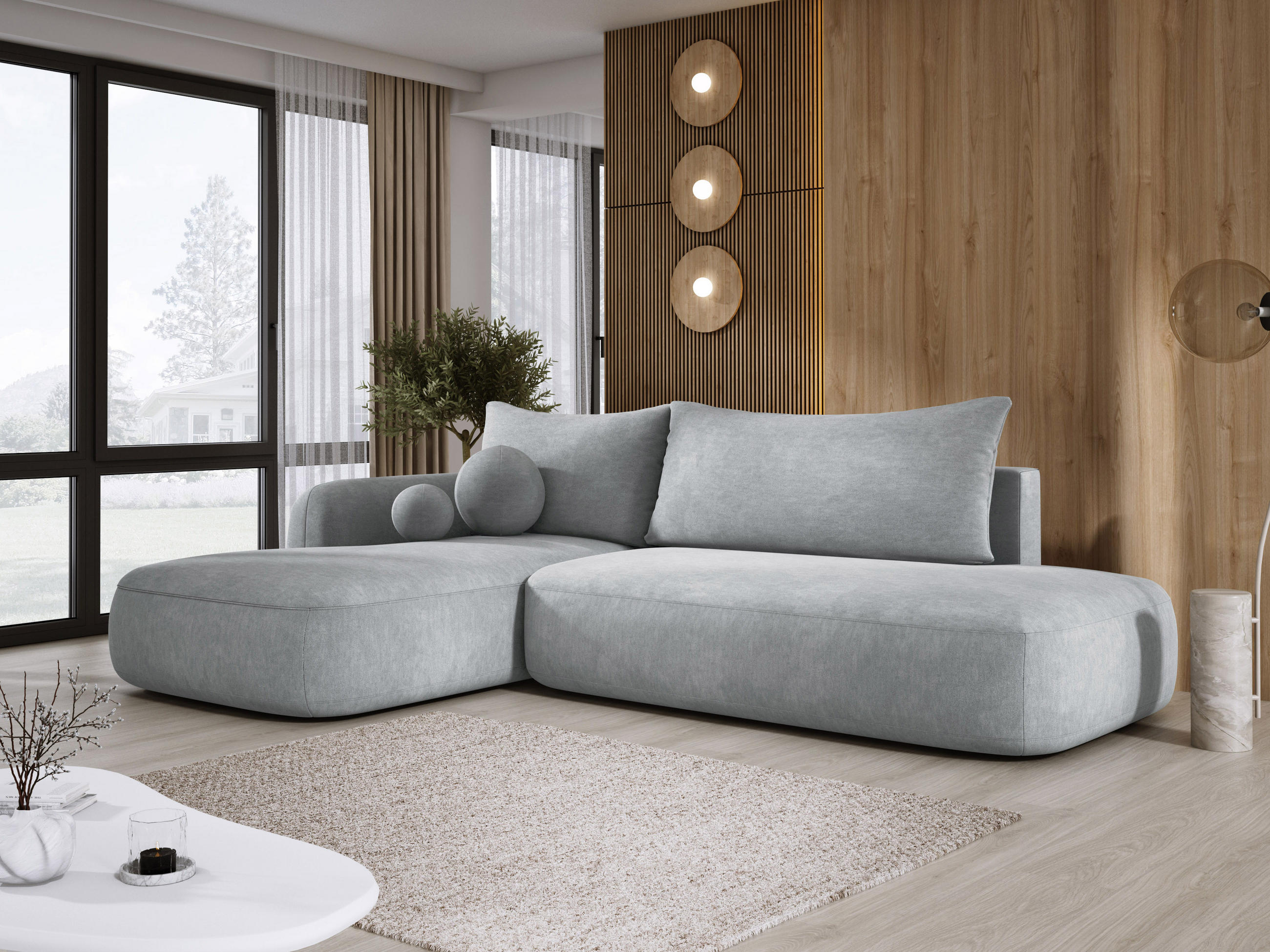 ECKSOFA BABU Mit Bettfunktion – Moderne Polsterecke Für Wohnzimmer Funktionales Schlafsofa Im Stoff CLOUD, 300x105x60cm, Linke, Hellgrau - Hellgrau, Holz/Textil (190/300cm) - DomoHome