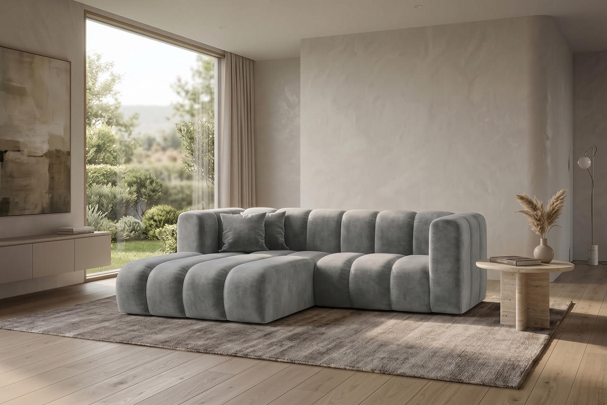 ECKSOFA Modulares In L-Form, Velvet-Stoff Riviera, Grau, Links, GRAND - Grau, Holz (227/179cm) - Kaiser Möbel