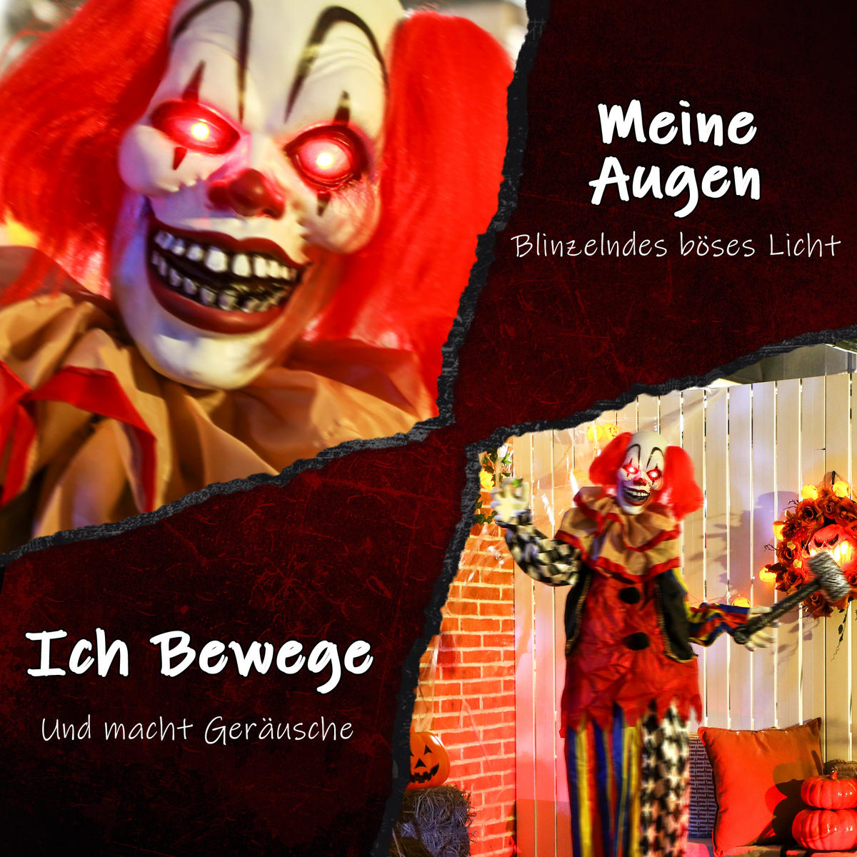 HALLOWEEN-DEKORATION Clown 173 cm mit leuchtenden Augen sprachgesteuert - Multicolor, Metall (18/173/90cm) - Outsunny