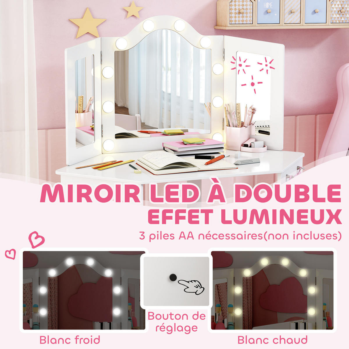 KINDERSCHMINKTISCH DE-18637 2-in-1 mit LED-Triptychonspiegel Weiß - Weiß, Holzwerkstoff (48.5/111.5/93.6cm) - ComfortXL