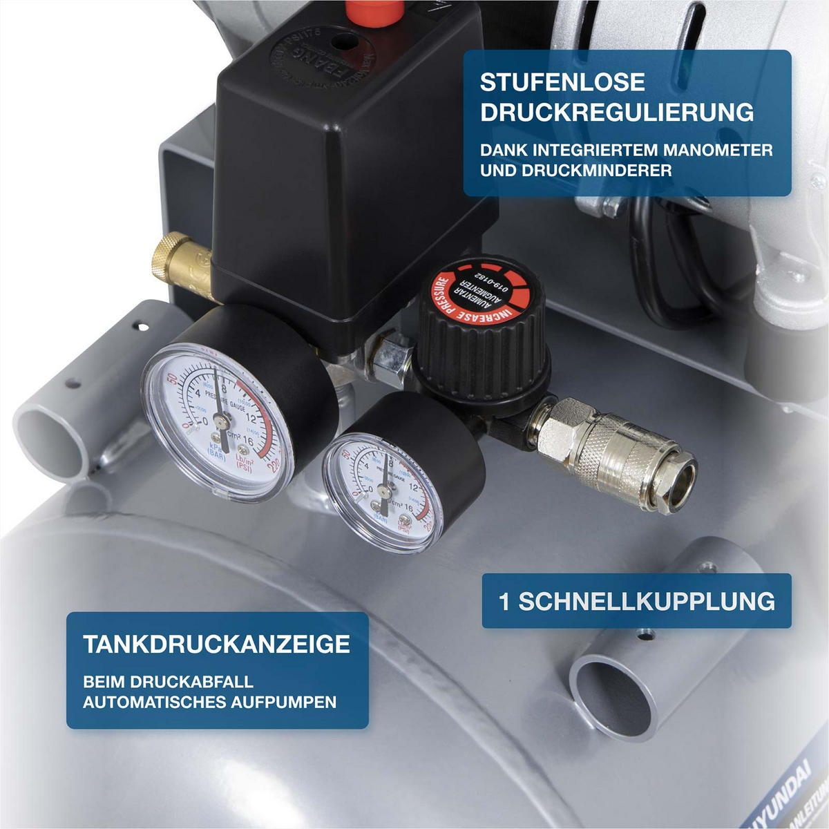SILENT Kompressor SAC22050 SET (Druckluftkompressor leise, ölfrei, Flüsterkompressor, 67dB, 50L Kessel, 9bar, 2.2kW, 384L/Min) - Silberfarben, Metall (85/42/65cm) - HYUNDAI