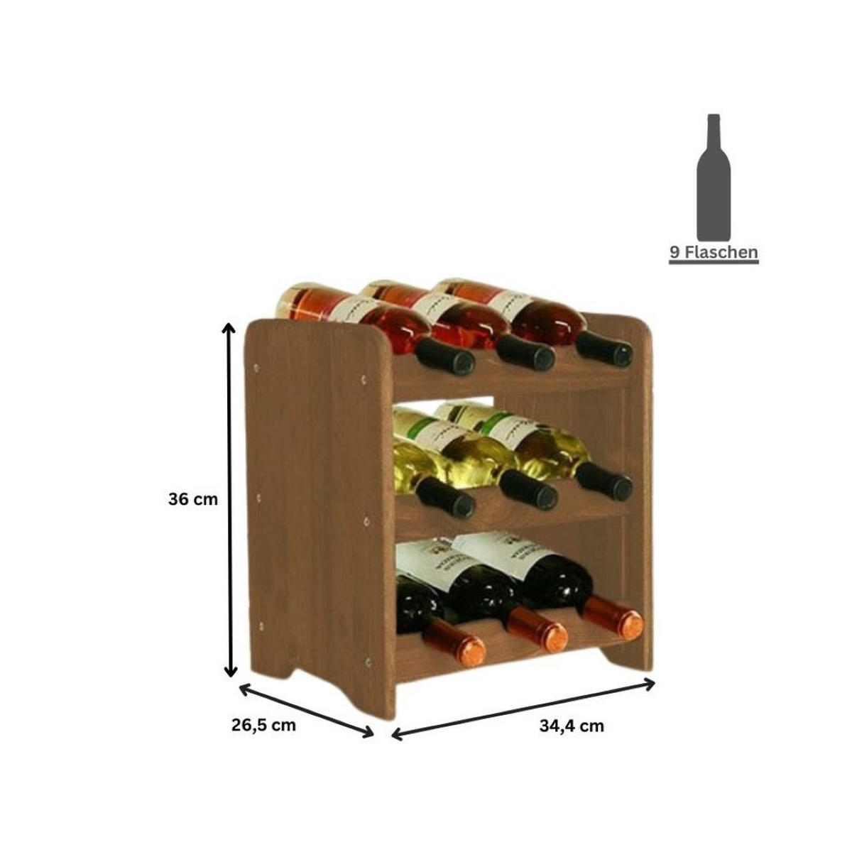WEINREGAL Pinotwine C 36x34,4x26,5 cm 9 Flaschen Massives Kiefernholz Braun Geölt - Braun, Holz (34.4/36/26.5cm) - PROREGAL