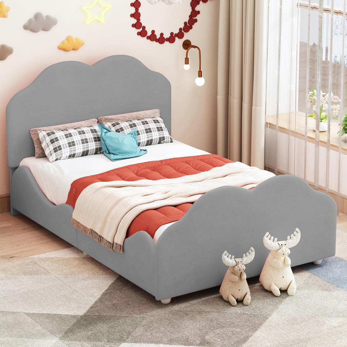 KINDERBETT 90/200 cm mit Samtbezug und Rausfallschutz in Grau - Grau, Textil (90/200cm) - BEAOK