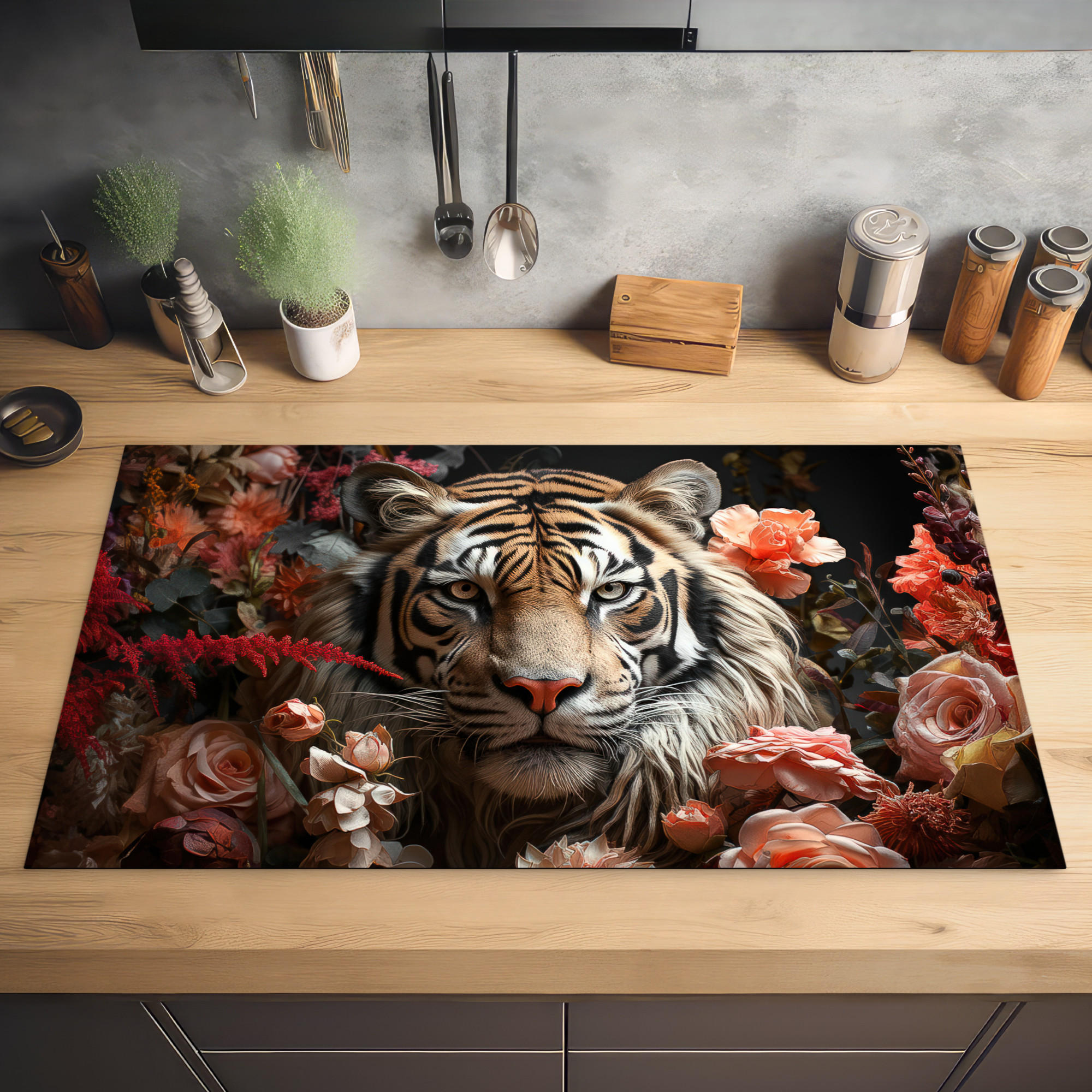 HERDABDECKPLATTE Tiger - Tier - Natur - Floral - Botanisch 90x52 cm - Orange, Kunststoff (90/0.2/52cm) - MuchoWow