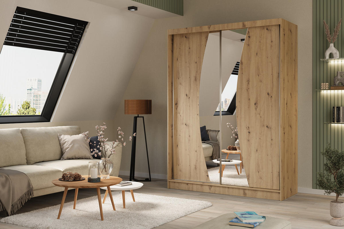KLEIDERSCHRANK mit Spiegel-Schiebetüren und Aluminium-Leisten - VOXI - 160 cm Eiche Artisan - Eiche Artisan, Holzwerkstoff (160/216/61cm) - ALTDECOR