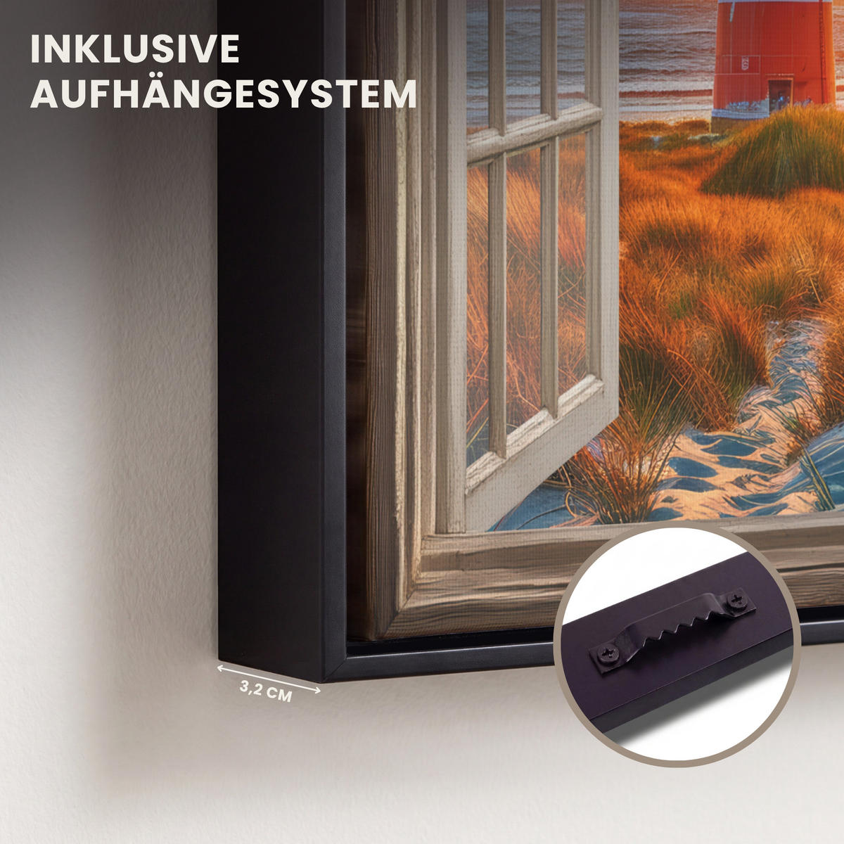 LEINWAND Bilder mit Rahmen - Aussicht - Fenster - Leuchtturm - Sonnenuntergang - Strand - 20x20 - Dunkelorange, Textil (20/20cm) - MuchoWow