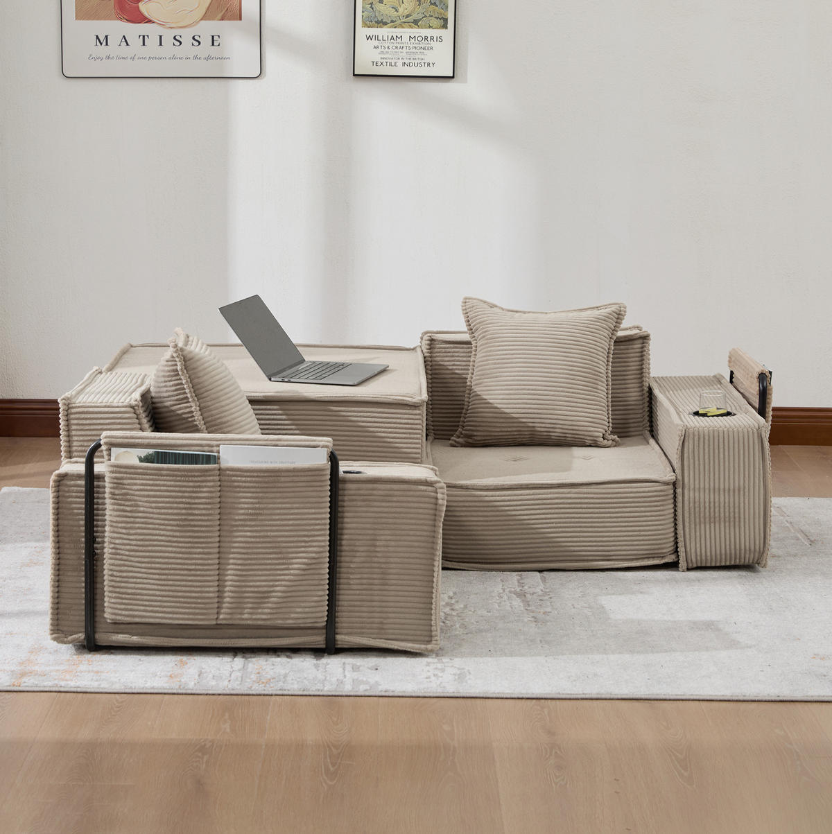 2-SITZER-SOFA aus Cord 162x78x66 cm Khaki mit 2 Kissen und Seitentaschen, modular und familienfreundlich - Beige, Textil (162/66/78cm) - Modfu