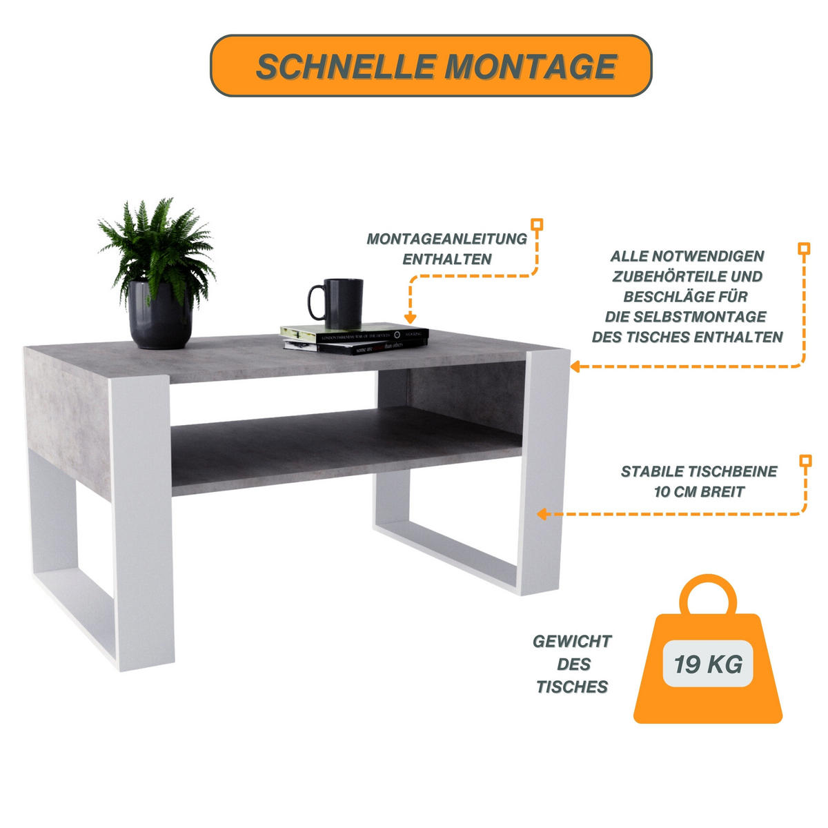 COUCHTISCH Holzwerkstoff rechteckig stabil Grau 45/53,6/92cm - Weiß/Grau, Holzwerkstoff (53.6/92/45cm) - CraftPAK