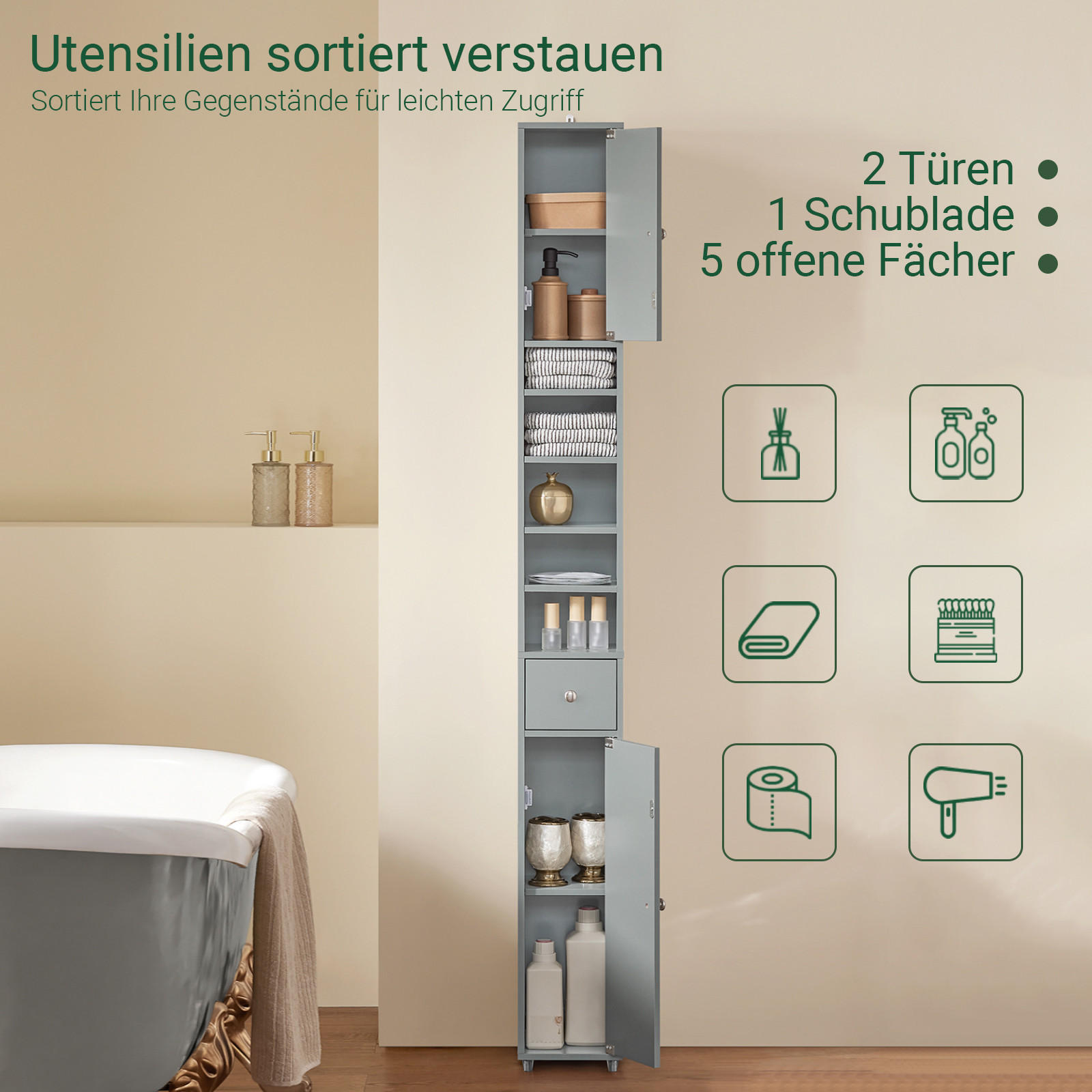 HOCHSCHRANK schmal Hellgrau - Hellgrau, Holzwerkstoff (20/180/20cm) - SoBuy
