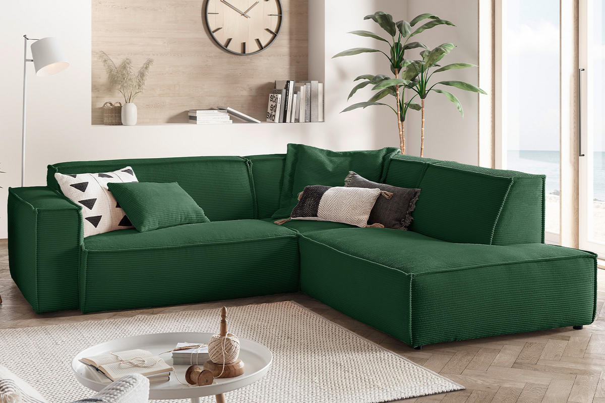 ECKSOFA SAMU Smaragdgrün Cord - Smaragdgrün/Schwarz, Textil (254/224cm) - KAWOLA