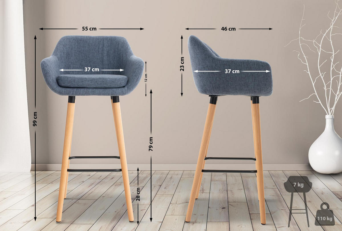 BARHOCKER Stoff blau - Blau/Eukalyptusholzfarben, Holz/Textil (55/99/46cm) - CLP