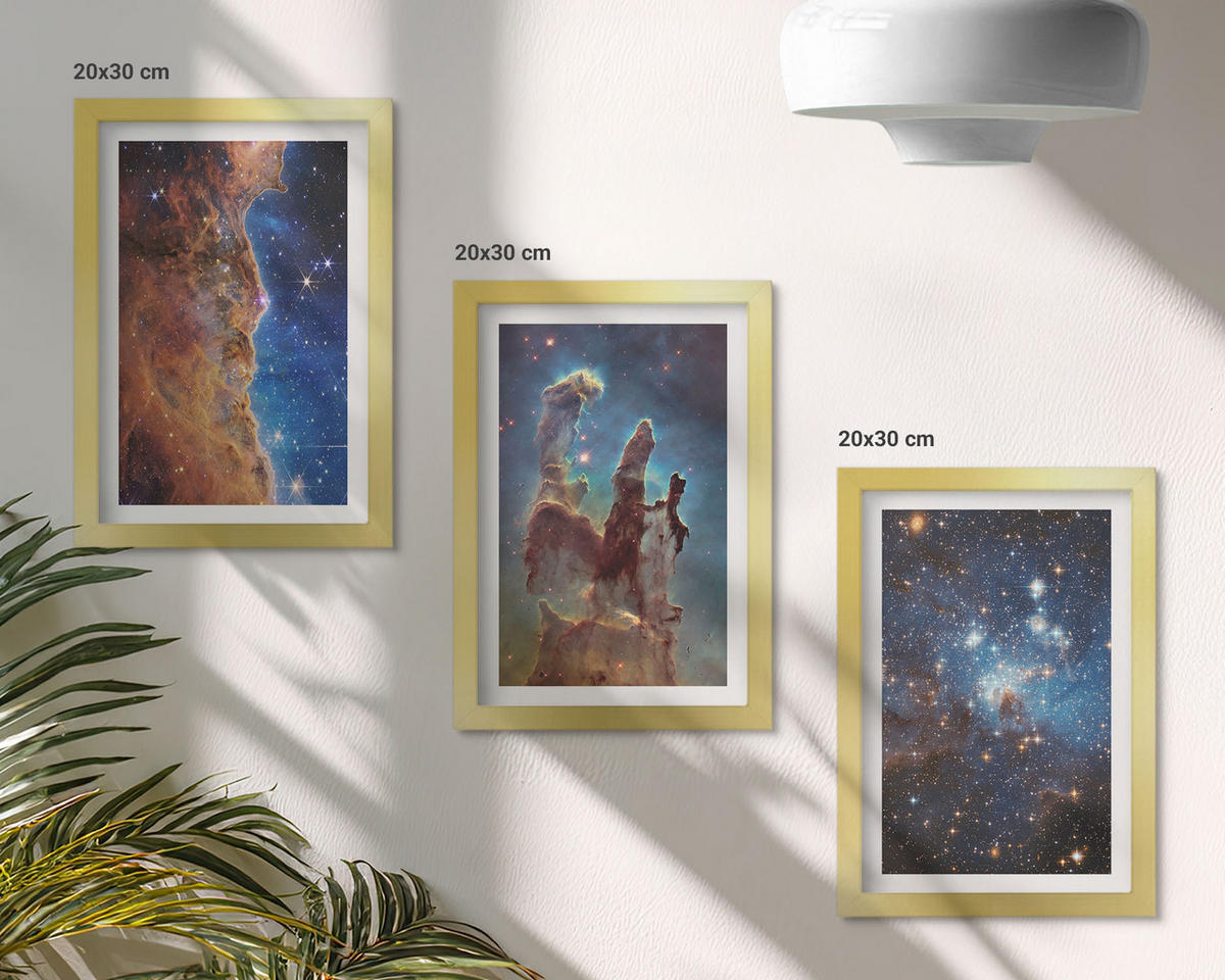 BILDER SET 3er Set - 20x30 cm Goldrahmen - Weltraumlandschaften von Galaxien - Goldfarben, Kunststoff (20/30cm) - TULUP