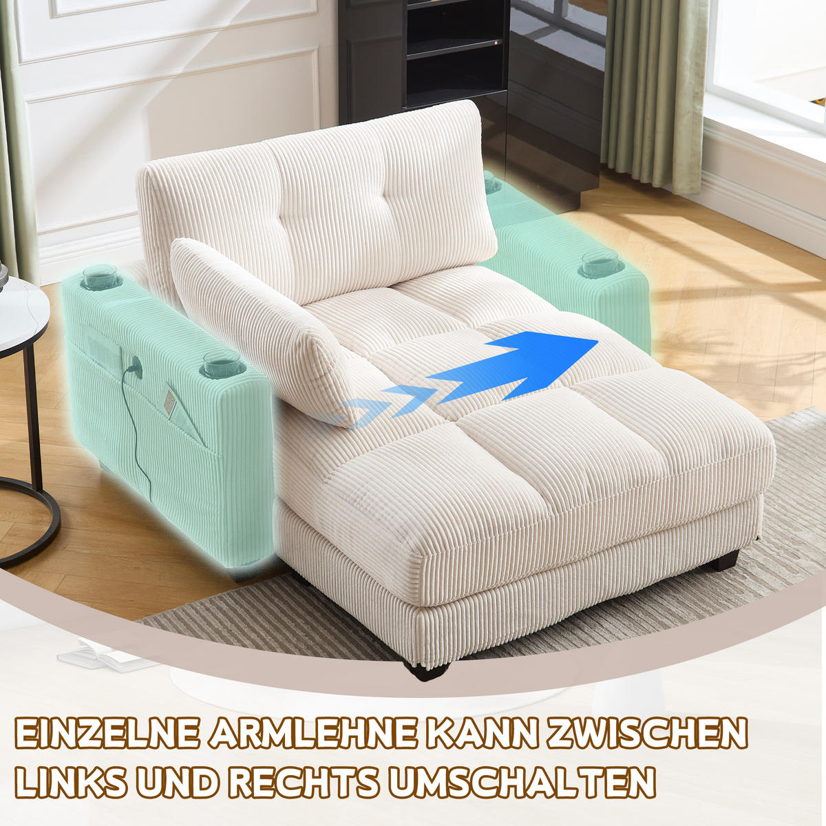 RÉCAMIERE Cord Beige mit USB, Getränkehaltern und Seitentasche - Beige, Holzwerkstoff/Kunststoff (140/81/121cm) - WISHDOR
