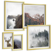 BILDER SET 5er Set - 50x50 cm & 20x30 cm & 40x60 cm Goldrahmen - Berglandschaft Nebel Hirsch - Goldfarben, Kunststoff (40/60cm) - TULUP