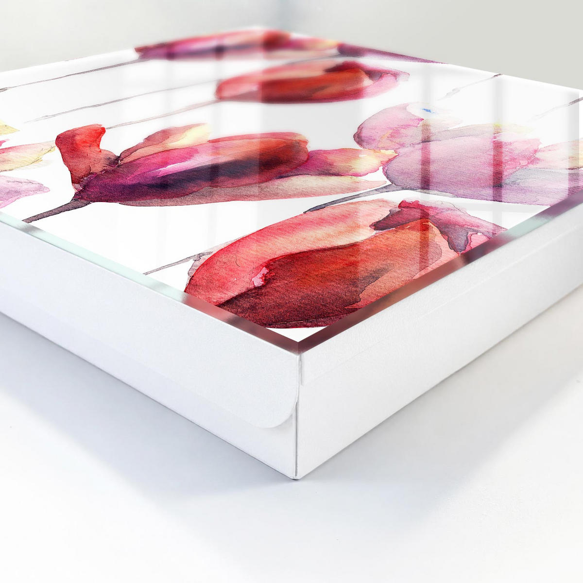 SCHLÜSSELBOX Weiß 30x30 cm – Türöffnung nach rechts - Aquarell-Tulpen - Rot, Metall (30/30/5cm) - TULUP