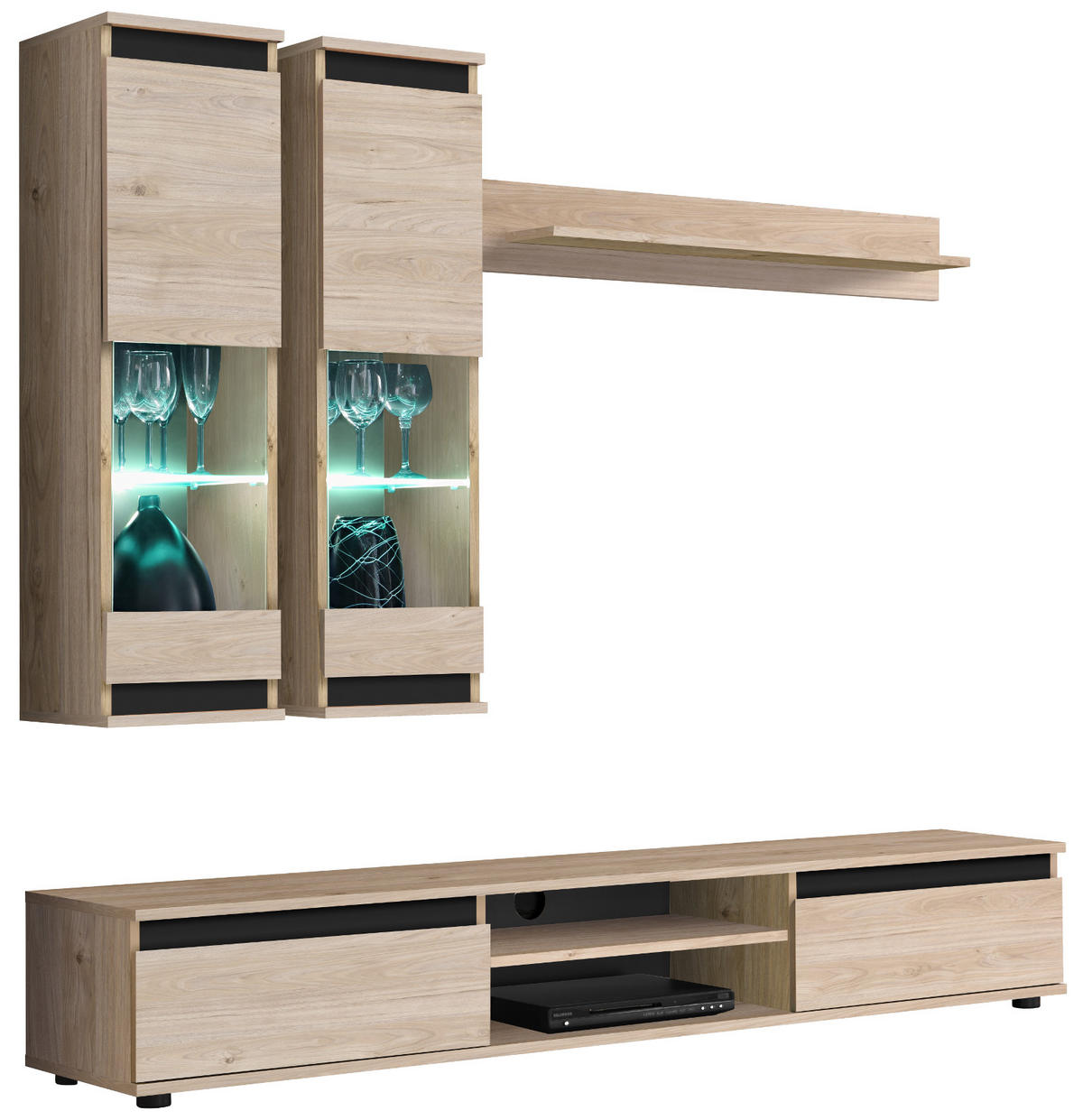 WOHNWAND Eiche Hickory, schwarz 4-teilig 175 cm, Schrankwand mit LED-Beleuchtung - Eichefarben/Schwarz, Glas/Holzwerkstoff (175/150/37cm) - Inn.Furn