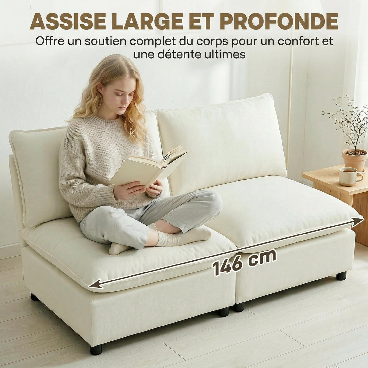 SOFA, 2-Sitzer, modular, ohne Armlehnen, cremefarben, 146cm - Multicolor, Holzwerkstoff (146/78/85cm) - FORIOUS
