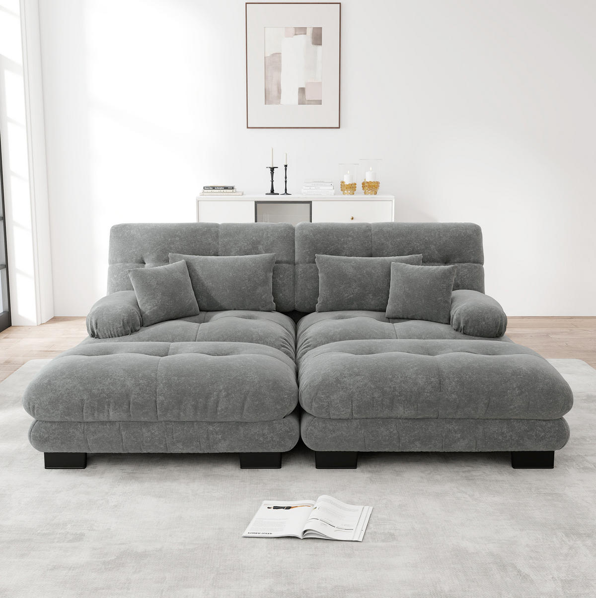 ECKSOFA modular mit beweglichen Ottomane, breiten Armlehnen und Dekokissen, Grau - Grau, Textil (220/145cm) - Redom