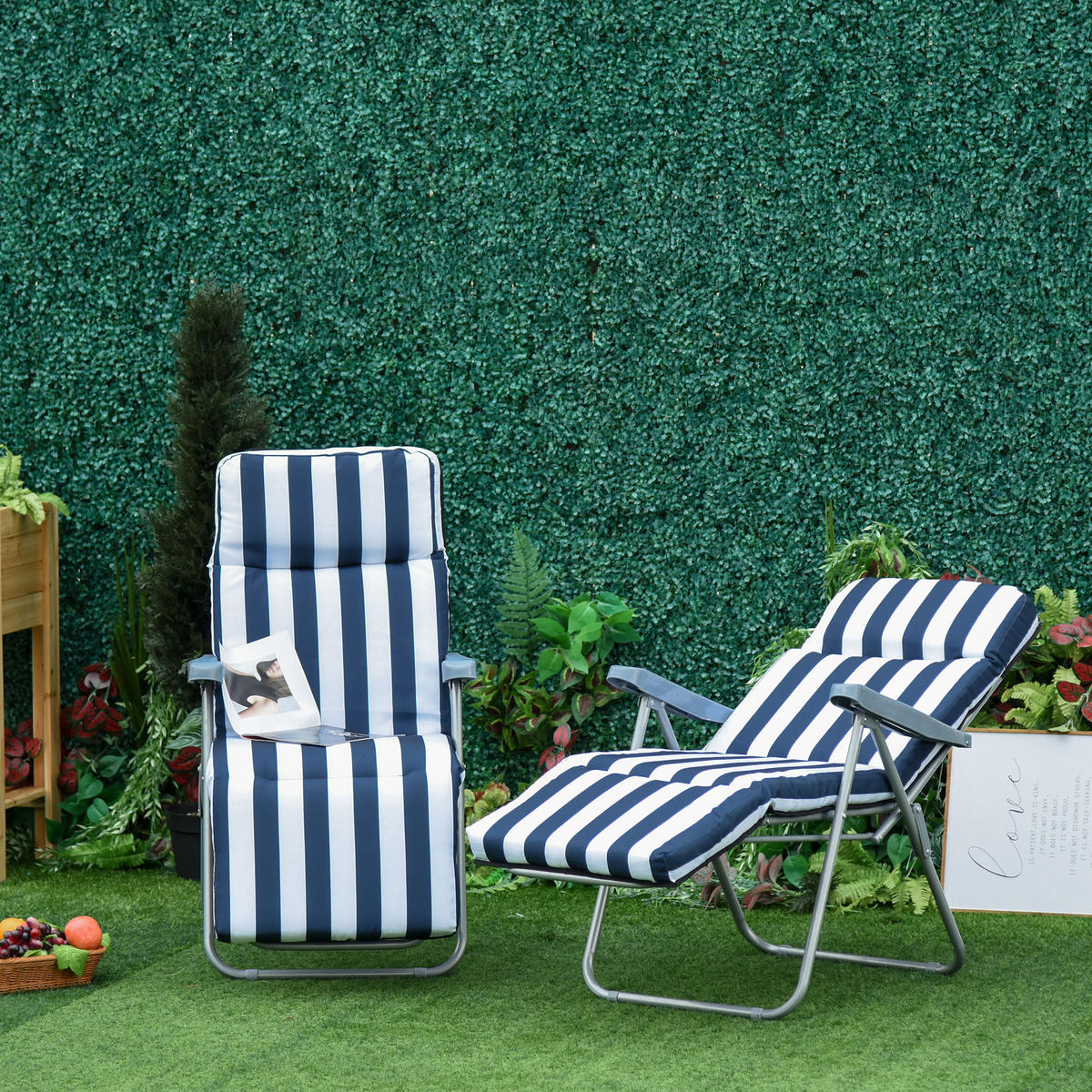 2 x Klappstühle Gartenstuhl Sonnenliege Armlehne klappbar 5 Positionen Auflage Blau 60 x 75 x 102 cm - Blau, Metall (60/102/75cm)