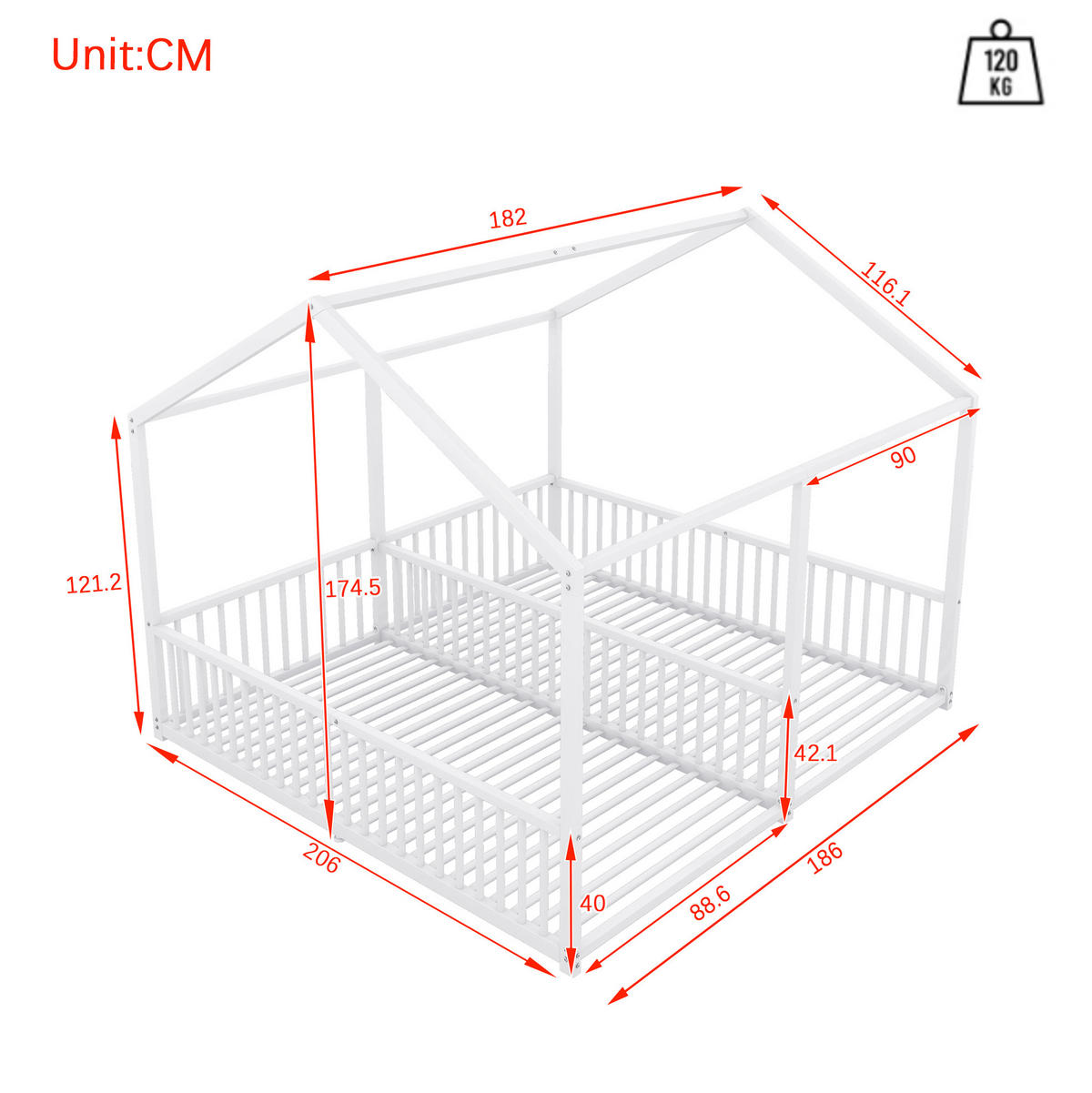 ETAGENBETT 90/200 cm mit Geländer, Leiter und Hausform, Metall, Weiß - Weiß, Metall (90/200cm) - Redom