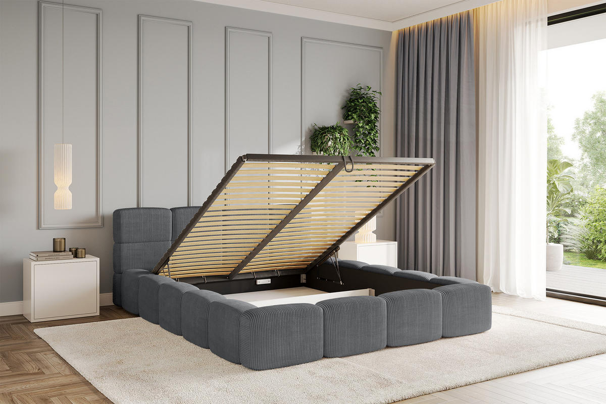 POLSTERBETT mit Bettkasten und Lattenrost, Bett mit Matratze H3/H4, Kopfteil, Boxbett, Doppelbett mit Stauraum - NATA-v1 200x200 Dunkelgrau - Chromfarben, Holzwerkstoff/Textil (200/200cm) - ALTDECOR
