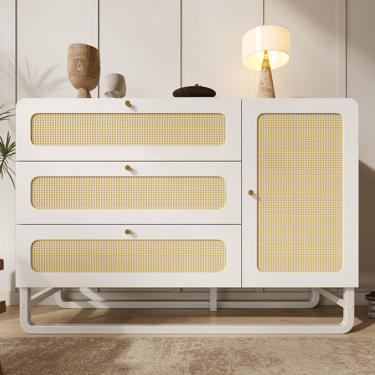 KOMMODE in Weiß Rattan-Sideboard mit Schubladen und Goldgriffen für Wohnzimmer, B120/T40/H85 cm - Weiß/Naturfarben, Holzwerkstoff/Metall (120/85/40cm) - STILVORA