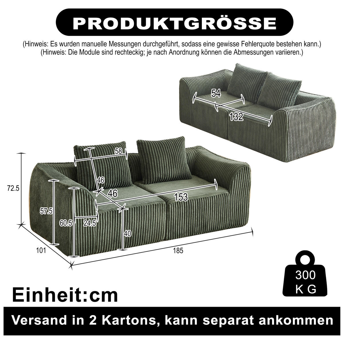 2-SITZER SOFA Cord Minimalistisch & Modular - Grün, Textil (185/72.5/101cm) - Urban Meuble