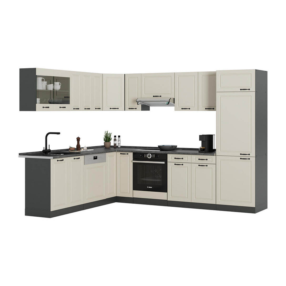 ECKKÜCHE R-Line, Sand Landhaus/Anthrazit, 287 x 227 cm - Beige/Anthrazit, Holzwerkstoff (287/206.8/60cm) - Vicco