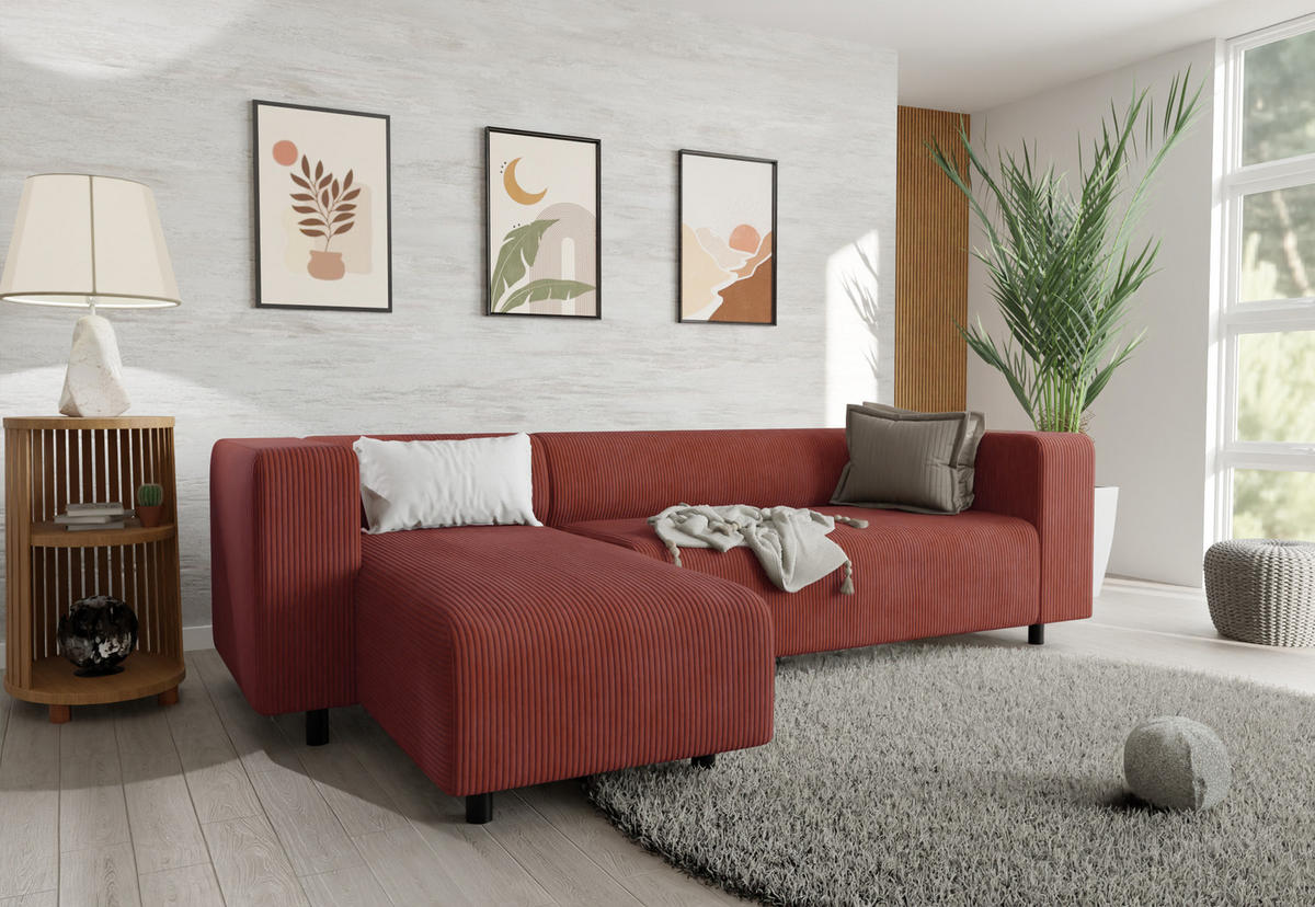 ECKSOFA Tove Terrakotta Cord - Ottomane links - Terra cotta/Schwarz, Holz/Kunststoff (240/142cm) - S-Style Möbel