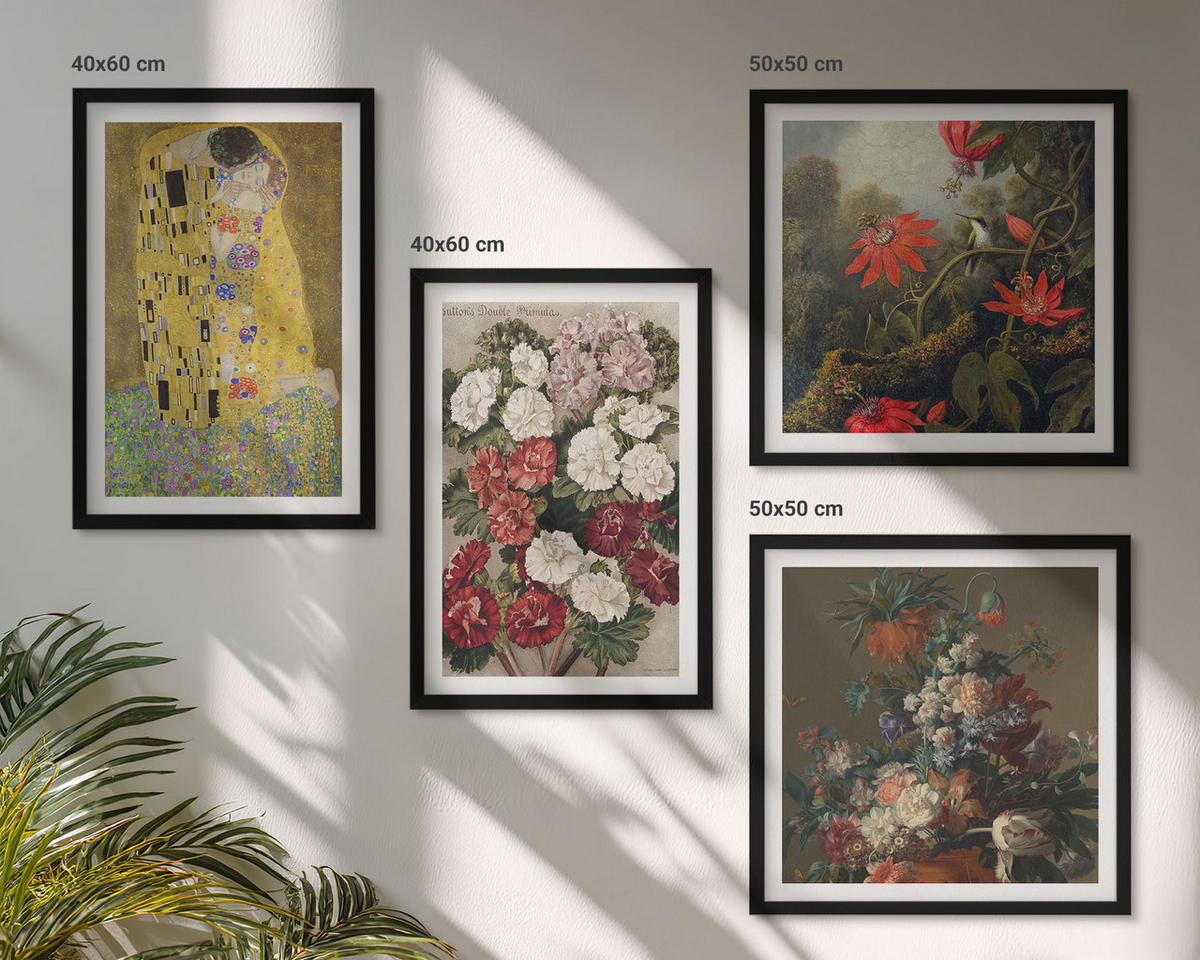 BILDER SET 4er Set - 50x50 cm & 40x60 cm Schwarzer Rahmen - Blumen des Baumes (Gemälde von Klimt) - Schwarz, Kunststoff (50/50cm) - TULUP