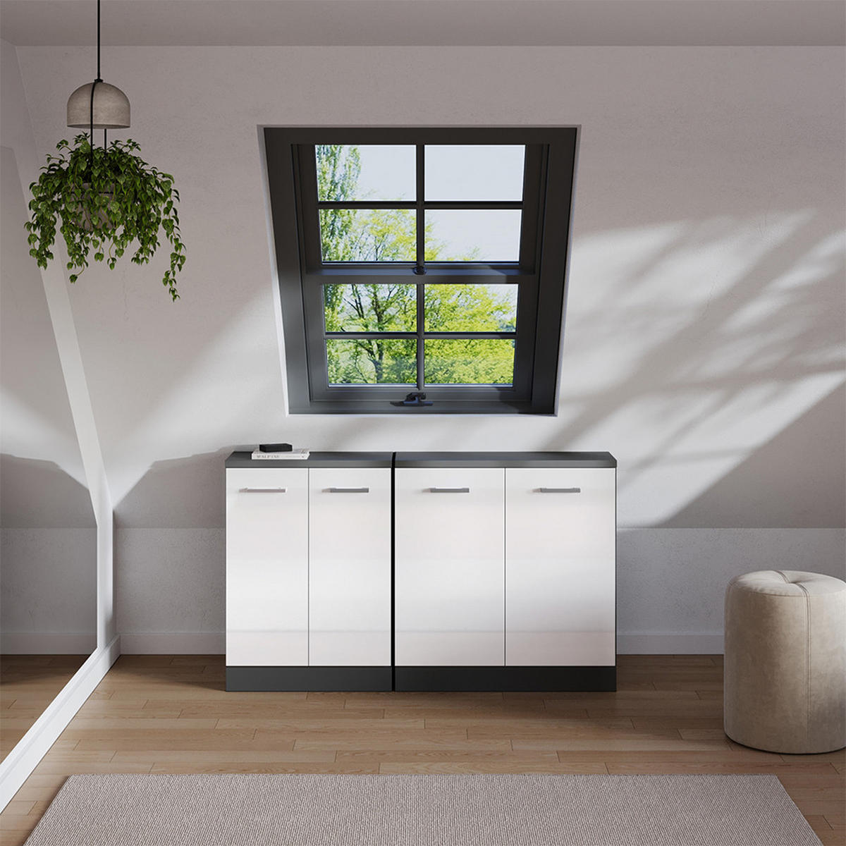 KOMPLET OMAR S POŠEVNO STREHO Rion Bela visok sijaj 140 cm Komplet 2 korpusov omare globina 60 cm - bela/visoki sijaj, leseni material (140/83.8/60cm) - Vicco