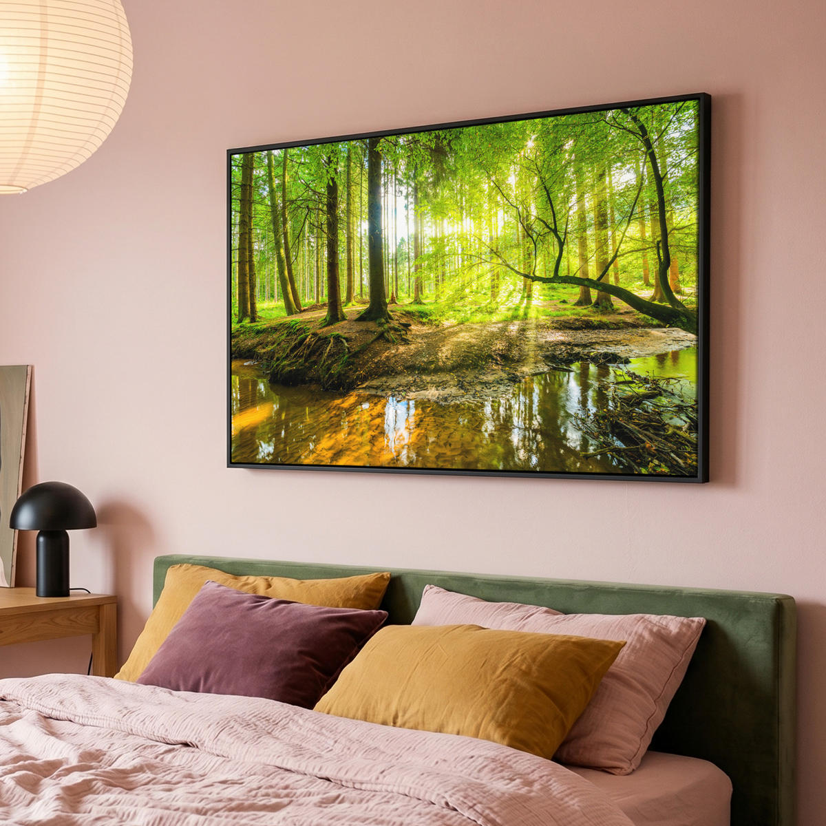 LEINWAND Bilder mit Rahmen - Wald - Landschaft - Wasser - Bäume - Sonne - Grün - Natur - 120x80 - Grün, Textil (120/80cm) - MuchoWow