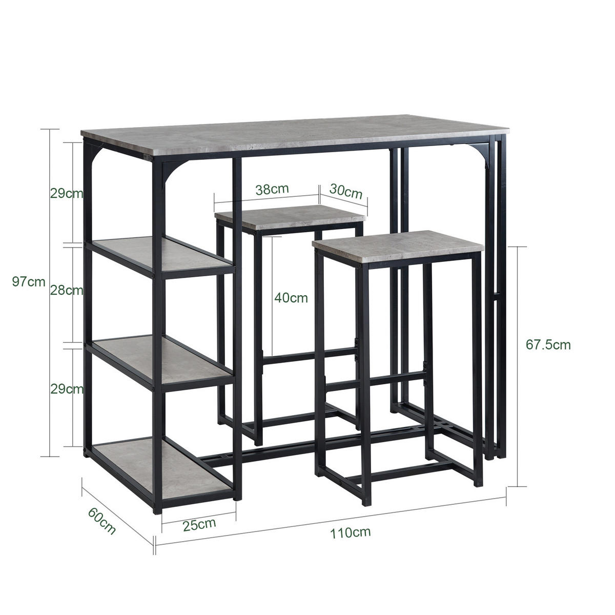 BARTISCH + 2 x BARSTÜHLE - Hellgrau, Holzwerkstoff/Metall (110/97/61cm) - SoBuy