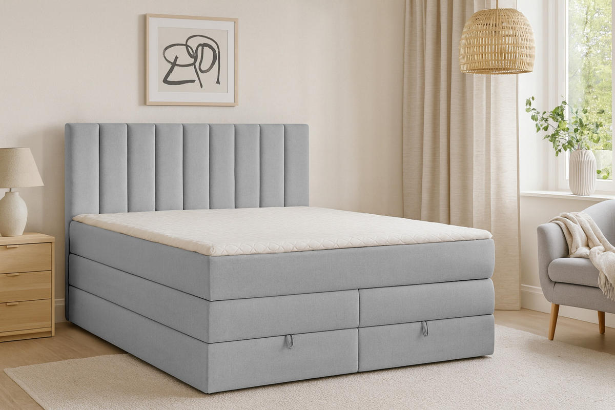 BOXBETT MEXICO 140/200 in Velours Hellgrau mit Doppelmatratze - Hellgrau, Holz/Holzwerkstoff (140/200cm) - Deine Möbel 24