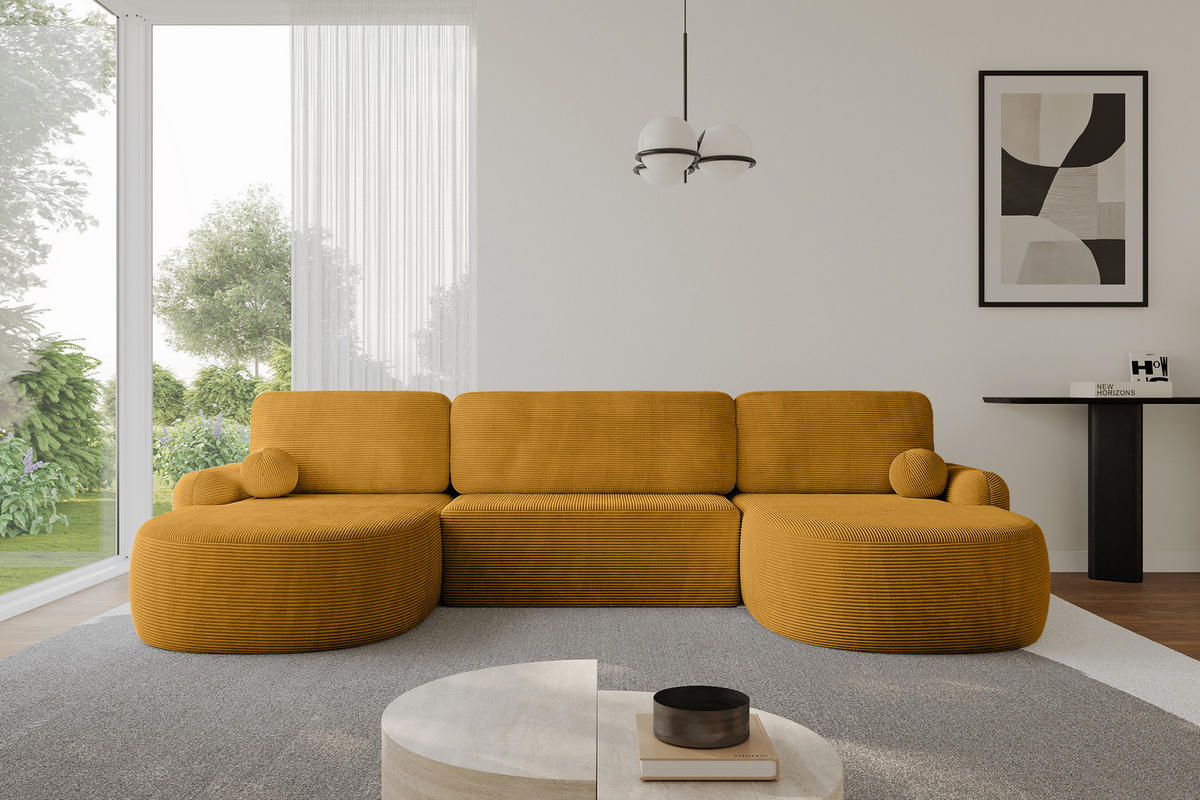 WOHNLANDSCHAFT mit Schlaffunktion und Bettkasten LIRA-U - 335x172x89 Senfgelb - Sandfarben, Holzwerkstoff/Textil (335/89/172cm) - ALTDECOR